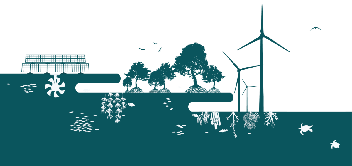 Forest, fish, kelp and natural carbon sinks with tidal turbines and solar panels in silhouette from the 3 Bays graphic.