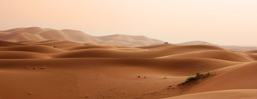 Desert dunes with 2 people in the distance. Image by Greg Montani from Pixabay