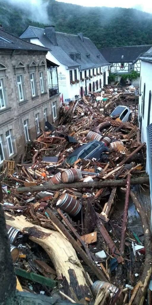 Aftermath of extreme flooding in Ahr, Germany, July 2021 caused by climate change-induced extreme rainfall. Image from Reddit https://i.redd.it/leui6ayiasb71.jpg